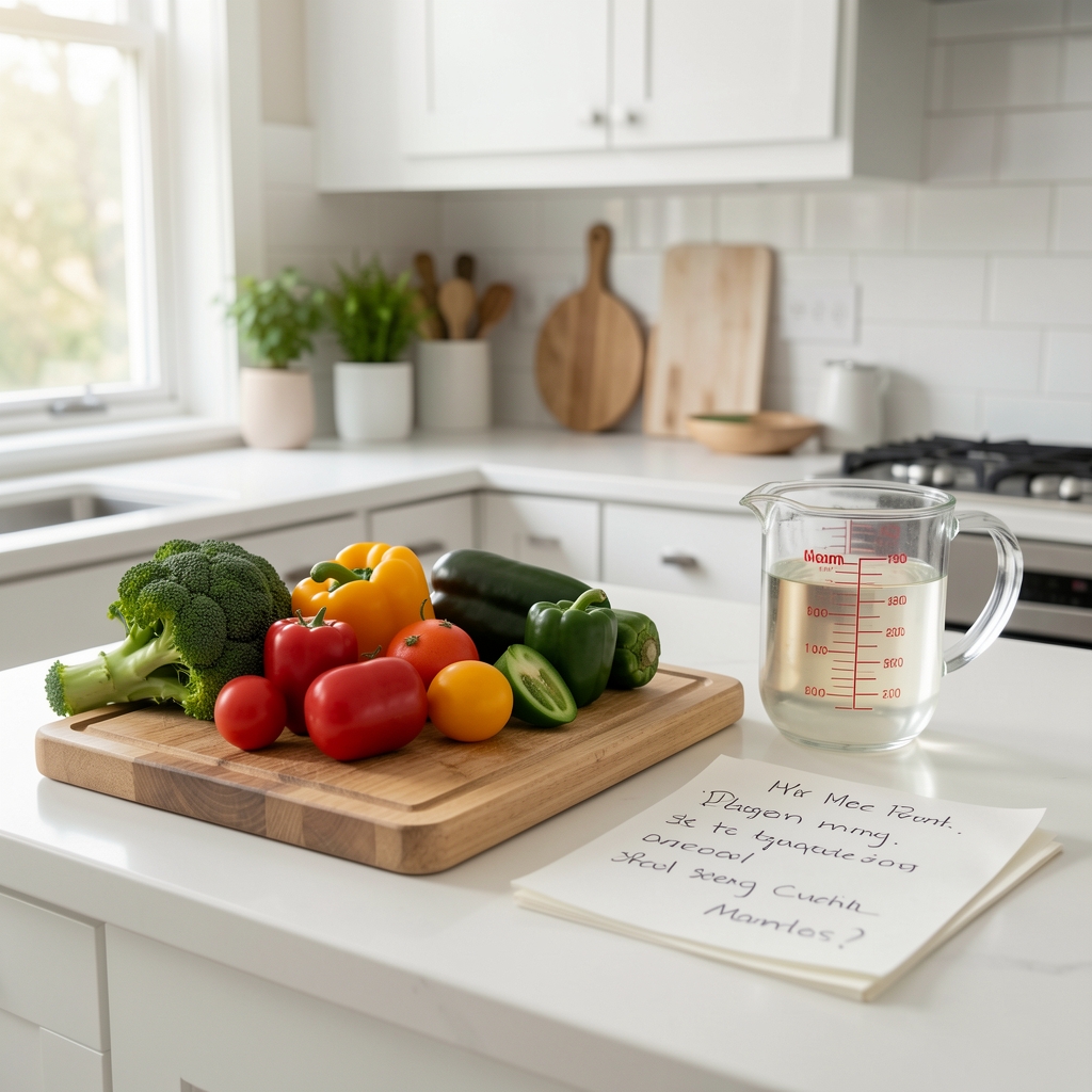Bright home kitchen with a chopping board, colourful vegetables, measuring jug and handwritten meal notes