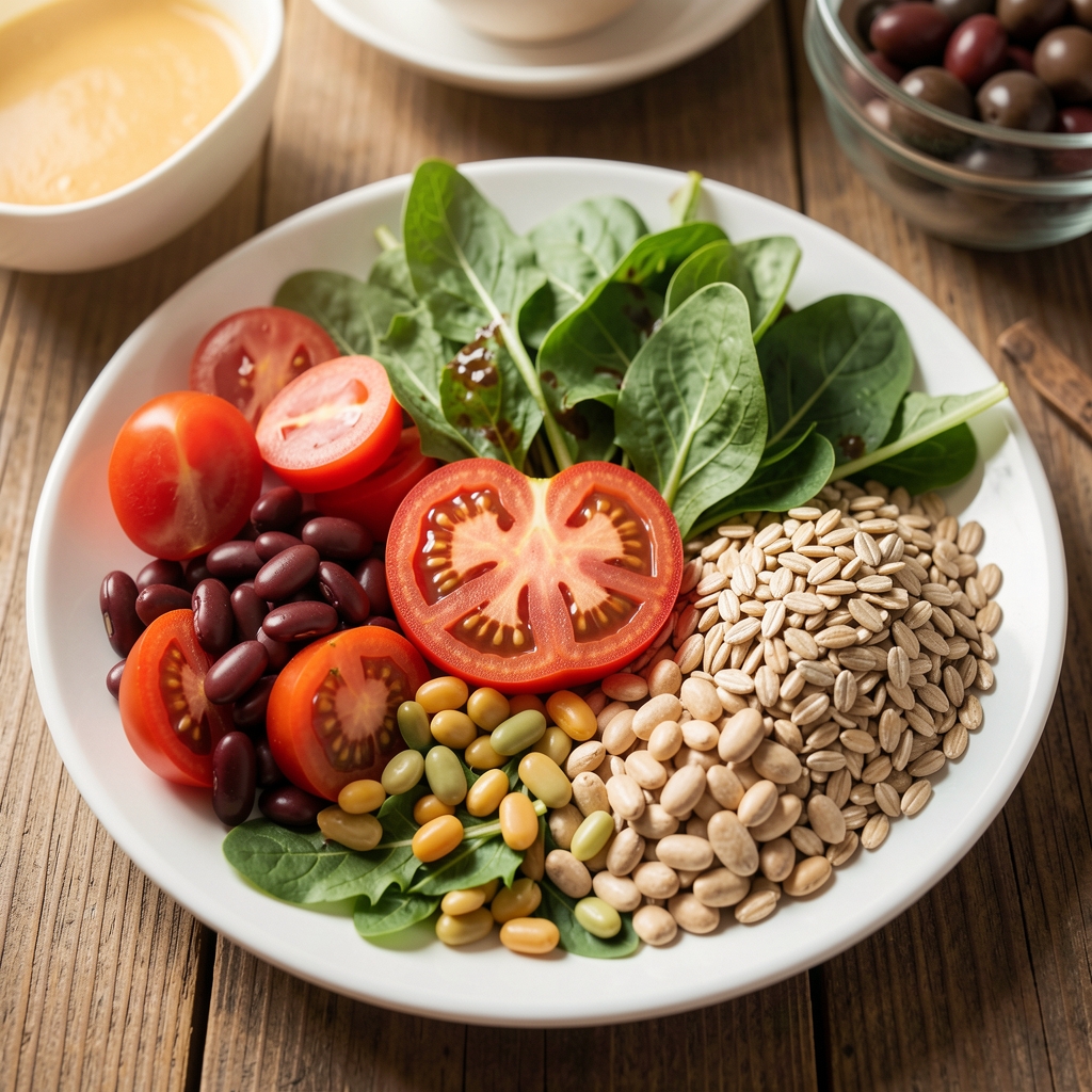 Colourful plate of tomatoes, beans, leafy greens and whole grains arranged for a balanced family meal
