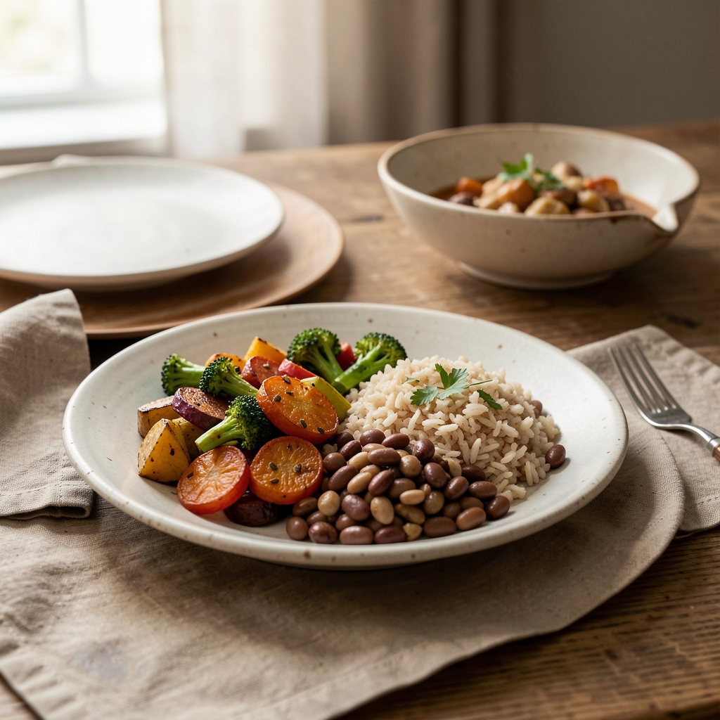 Balanced home-cooked dinner with roasted vegetables, grains and beans served on a simple ceramic table setting